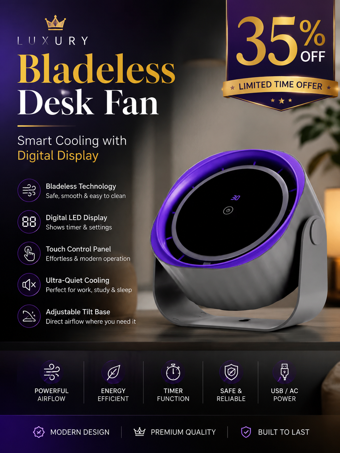Luxury Bladeless Desk Fan — Smart Cooling with Digital Display